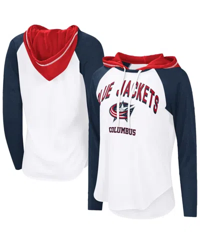 G-iii 4her By Carl Banks Women's White/navy Columbus Blue Jackets Vip Raglan Long Sleeve Hoodie T-shirt In White,navy