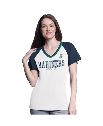 G-iii 4her By Carl Banks Women's White/navy Seattle Mariners Ball Park Raglan V-neck T-shirt