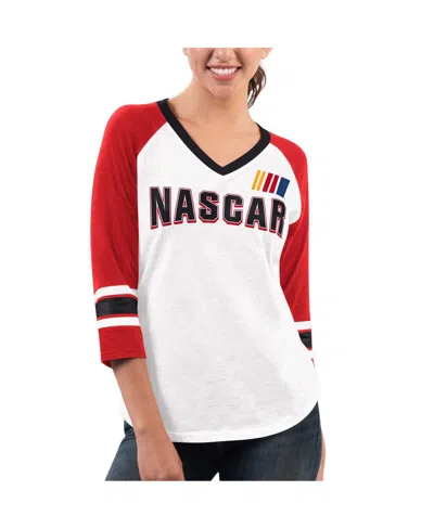 G-iii 4her By Carl Banks Women's White/red Nascar Merchandise Top Team V-neck 3/4 Sleeve T-shirt In White,red