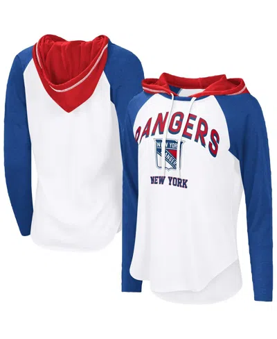 G-iii 4her By Carl Banks Women's White/royal New York Rangers Vip Raglan Long Sleeve Hoodie T-shirt In White,royal