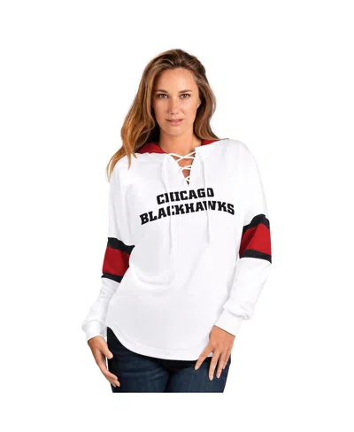 G-iii 4her By Carl Banks Women'sâ White Chicago Blackhawks Goal Zone Long Sleeve Lace-up Hooded T-shirt In Multi