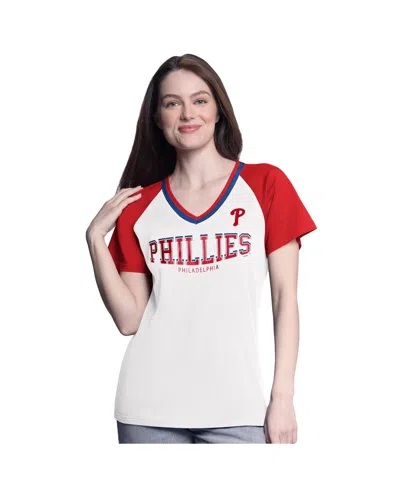 G-iii 4her By Carl Banks Women's White/red Philadelphia Phillies Ball Park Raglan V-neck T-shirt In White,red