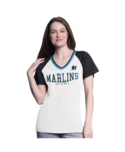 G-iii 4her By Carl Banks Women's White/black Miami Marlins Ball Park Raglan V-neck T-shirt