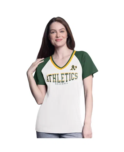 G-iii 4her By Carl Banks Women's White/green Athletics Ball Park Raglan V-neck T-shirt