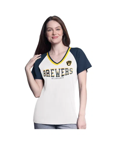 G-iii 4her By Carl Banks Women's White/navy Milwaukee Brewers Ball Park Raglan V-neck T-shirt
