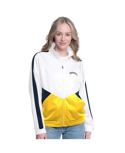 G-iii Sports By Carl Banks Women'sâ White/navy Milwaukee Brewers Rally Rhinestone Raglan Full-zip Track Jacket In Multi