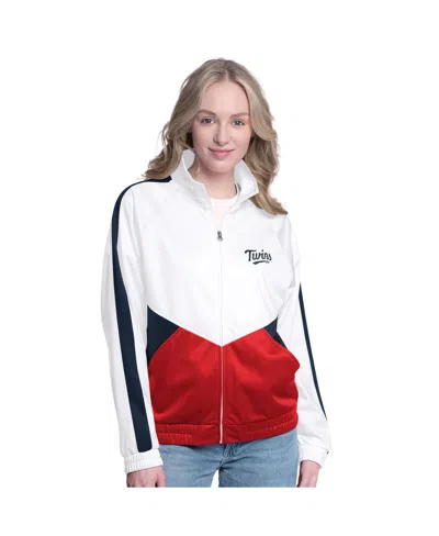 G-iii Sports By Carl Banks Women's White/navy Minnesota Twins Rally Rhinestone Raglan Full-zip Track Jacket