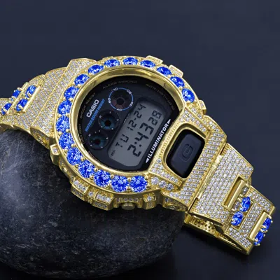 Pre-owned G-shock Blue Sapphire Solitaire Custom Authentic Casio  Dw 6900 Gold Finish Watch