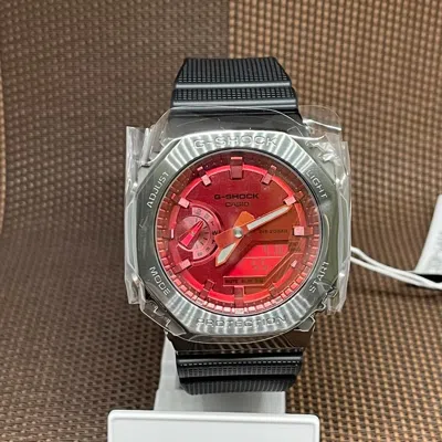 Pre-owned G-shock Casio  Gm-2100b-4a Gray Metal Cover Octagonal Red Analog Digital Watch