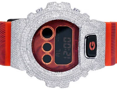 Pre-owned G-shock Casio  Orange 6900 Iced Out Diamond Watch 9 1/2ct