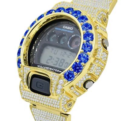 Pre-owned G-shock Custom Authentic Casio  Dw 6900 Blue Sapphire Solitaire Gold Tone Watch