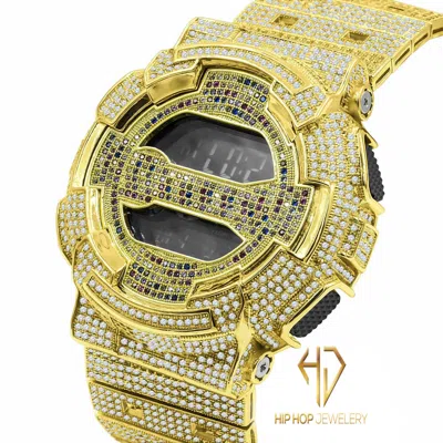 Pre-owned G-shock Men's Women's Custom Full Icy Gold Tone Gd-100 Shock Rainbow Simulated Diamond