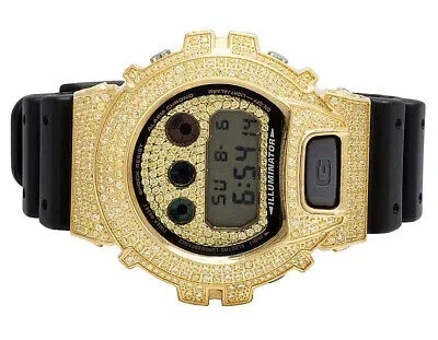 Pre-owned G-shock Mens Casio Shock 6900 Yellow Gold Plated Canary Lab Diamond Watch 5.5 Ct
