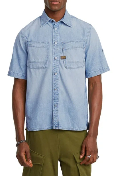 G-star Short Sleeve Denim Button-up Shirt In Blue
