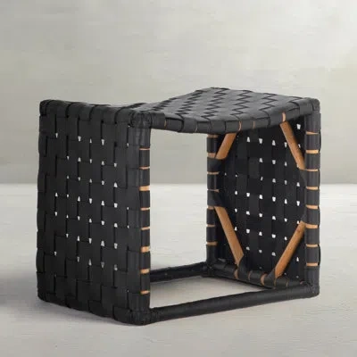 Gabby Dover Natural Accent Stool In Black;natural Rattan|black Leather;rotin