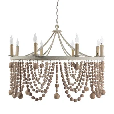 Gabby Madeleine 8 - Light Wagon Wheel Chandelier With Beaded Accents In Plaster|beige Washed Wood