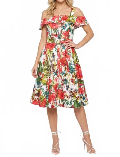 Gabby Skye Floral Cold-shoulder Fit And Flare Party Dress In Ivory Coral In Brown