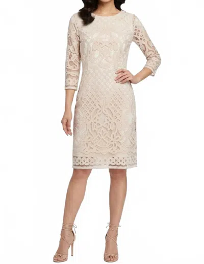 Gabby Skye Geometric Lace 3/4-sleeve Party Dress In Taupe Beige In Multi