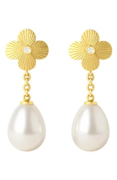 Gabi Rielle Cubic Zirconia & Faux Pearl Drop Clover Earrings In Gold
