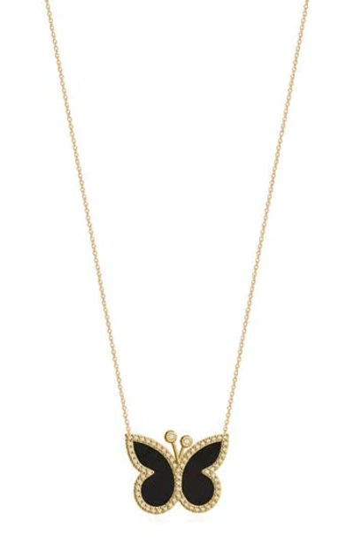 Gabi Rielle Effortless Staples Inlay Pavé Butterfly Pendant Necklace In Gold/onyx