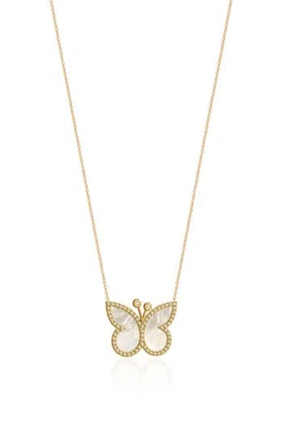 Gabi Rielle Effortless Staples Inlay Pavé Butterfly Pendant Necklace In Gold/pearl