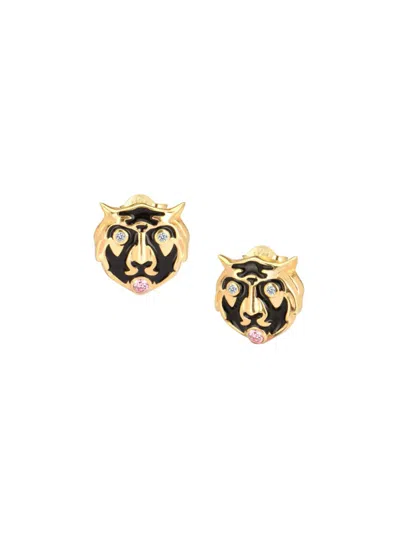 GABI RIELLE WOMEN'S OUTSHINE ROSY ROAR 14K YELLOW GOLD VERMEIL, CUBIC ZIRCONIA & ENAMEL TIGER STUD EARRINGS