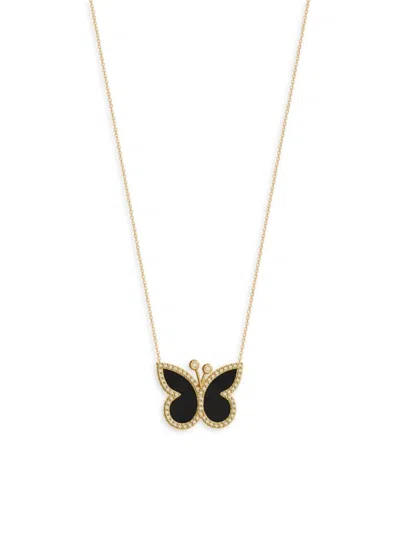 Gabi Rielle Women's Sugar Blossom 18k Yellow Gold Vermeil, Onyx & Cubic Zirconia Butterfly Pendant Necklace In Yellow Goldplated