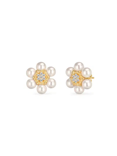 Gabi Rielle Women's Timeless Treasures 14k Gold Vermeil, 4mm Freshwater Pearls & Crystal Petal Stud Earrings