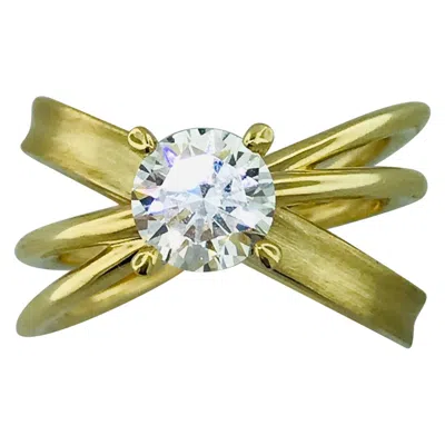 Pre-owned Gabriel & Co. 1.00 Carat X Design Solitaire Satin And Polish Ring In 14 Karat Yellow Gold