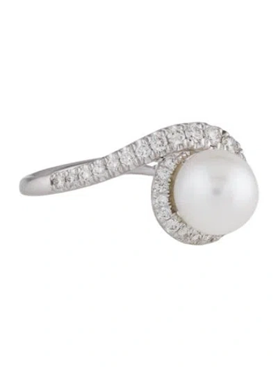 Pre-owned Gabriel & Co. 14k Pearl & Diamond Curved Halo Ring In Multicolor