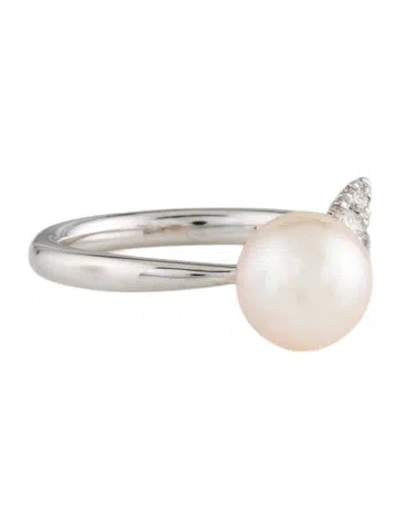 Pre-owned Gabriel & Co. 14k Pearl & Diamond Leaf Ring In Multicolor