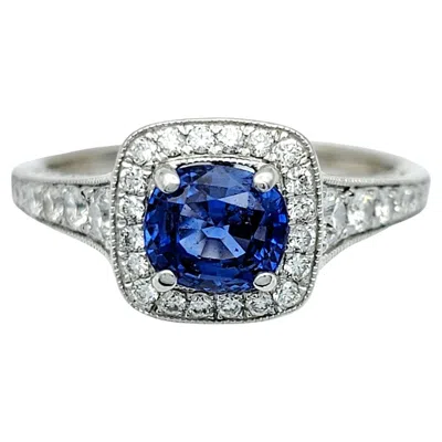 Pre-owned Gabriel & Co. Cushion Cut Blue Sapphire Diamond Halo Ring In 14 Karat White Gold