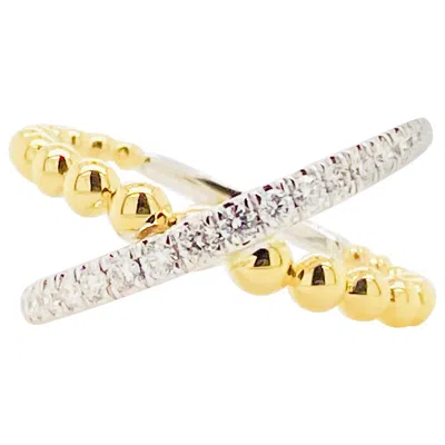 Pre-owned Gabriel & Co. Custom X-diamond Ring, 14k Gold Mixed Metal Bead Criss Cross Ring, Lr51628m45jj In Multi