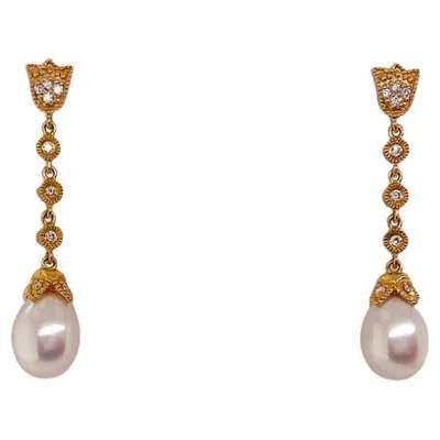 Pre-owned Gabriel & Co. Dainty Pearl Floral Diamond Wedding Earrings 14k Gold, Made To Order, Eg9727 In Multi