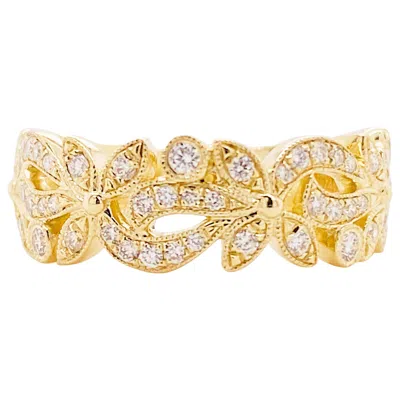 Pre-owned Gabriel & Co. Floral Diamond Wide Band 6.5mm Ring 14k Yellow Gold Stackable Stack, Lr9229