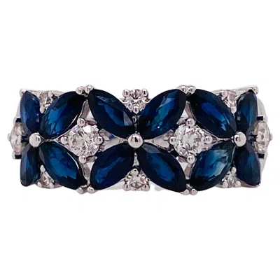 Pre-owned Gabriel & Co. Floral Royal Blue Sapphire & Diamond 8mm Wide Band 14k White Gold, Lr52407