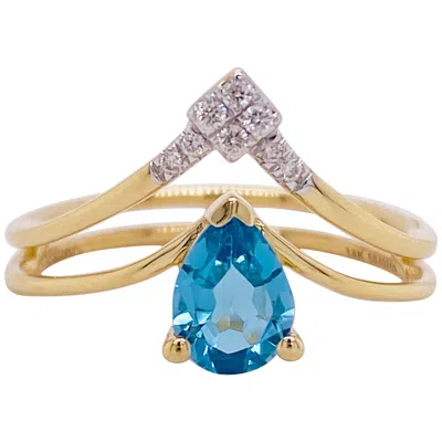Pre-owned Gabriel & Co. Pear Double V Stack Ring, 14 Karat Yellow Gold, Pear Blue Topaz Lr51454y45bt
