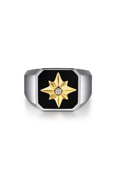 Gabriel & Co. Polaris Sterling Silver & 14k Gold Diamond & Onyx Signet Ring In Metallic