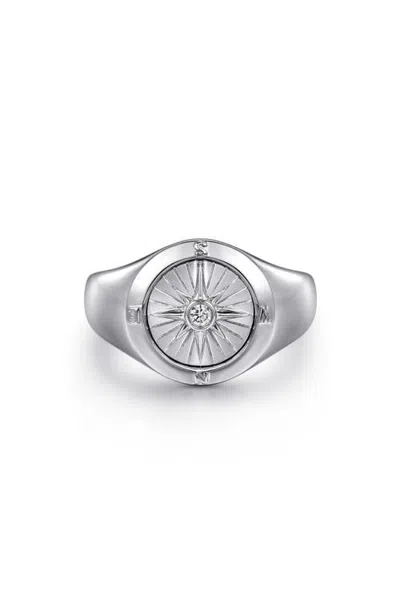 Gabriel & Co. Polaris Sterling Silver Diamond Compass Signet Ring In Metallic