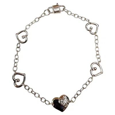 Pre-owned Gabriel & Co. Gabriel & Co Sterling Silver White Sapphire Heart Link Bracelet #25567