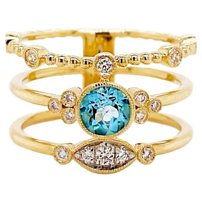 Pre-owned Gabriel & Co. Three Row Bezel Beaded Blue Topaz Diamond Stack Ring 14k Yellow Gold Lr51606