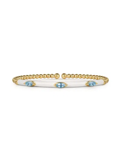 Gabriel & Co. Women's Bujukan 14k Yellow Gold, Blue Topaz & Enamel Bar Cuff Bracelet