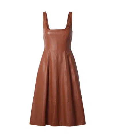 Gabriela Hearst Adaline Leather Midi Square-neck Dress In Brown