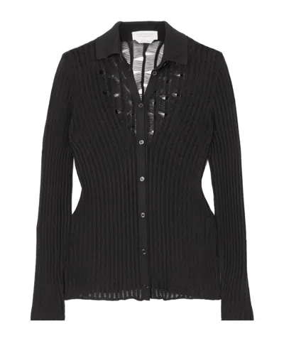 Gabriela Hearst Aera Ribbed Open-knit Silk Shirt In Black