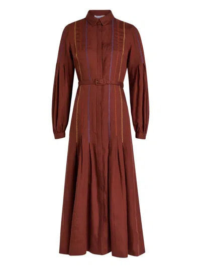 Gabriela Hearst Aleka Pleated Midi Shirtdress In Burnt Sienna Multi Aloe Linen In Brown