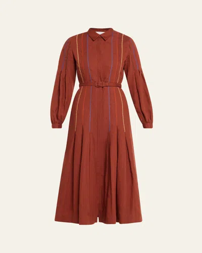 GABRIELA HEARST ALEKA PLEATED LINEN LONG-SLEEVE MIDI SHIRTDRESS