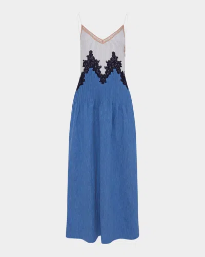 GABRIELA HEARST ALTHEA COLORBLOCK PINTUCKED DENIM MAXI DRESS