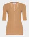 Gabriela Hearst Amari V-neck Pointelle Rib Short-sleeve Top In Brown