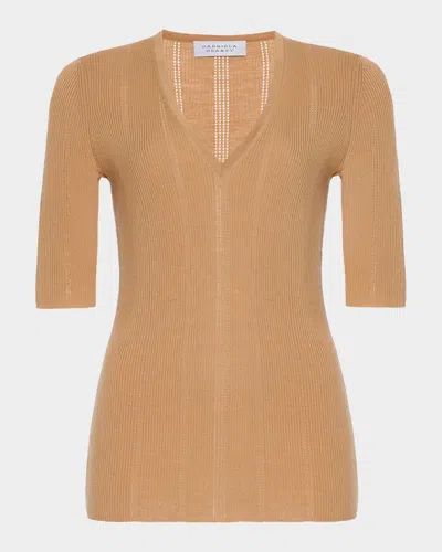Gabriela Hearst Amari V-neck Pointelle Rib Short-sleeve Top In Brown