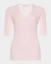 Gabriela Hearst Amari V-neck Pointelle Rib Short-sleeve Top In Pink